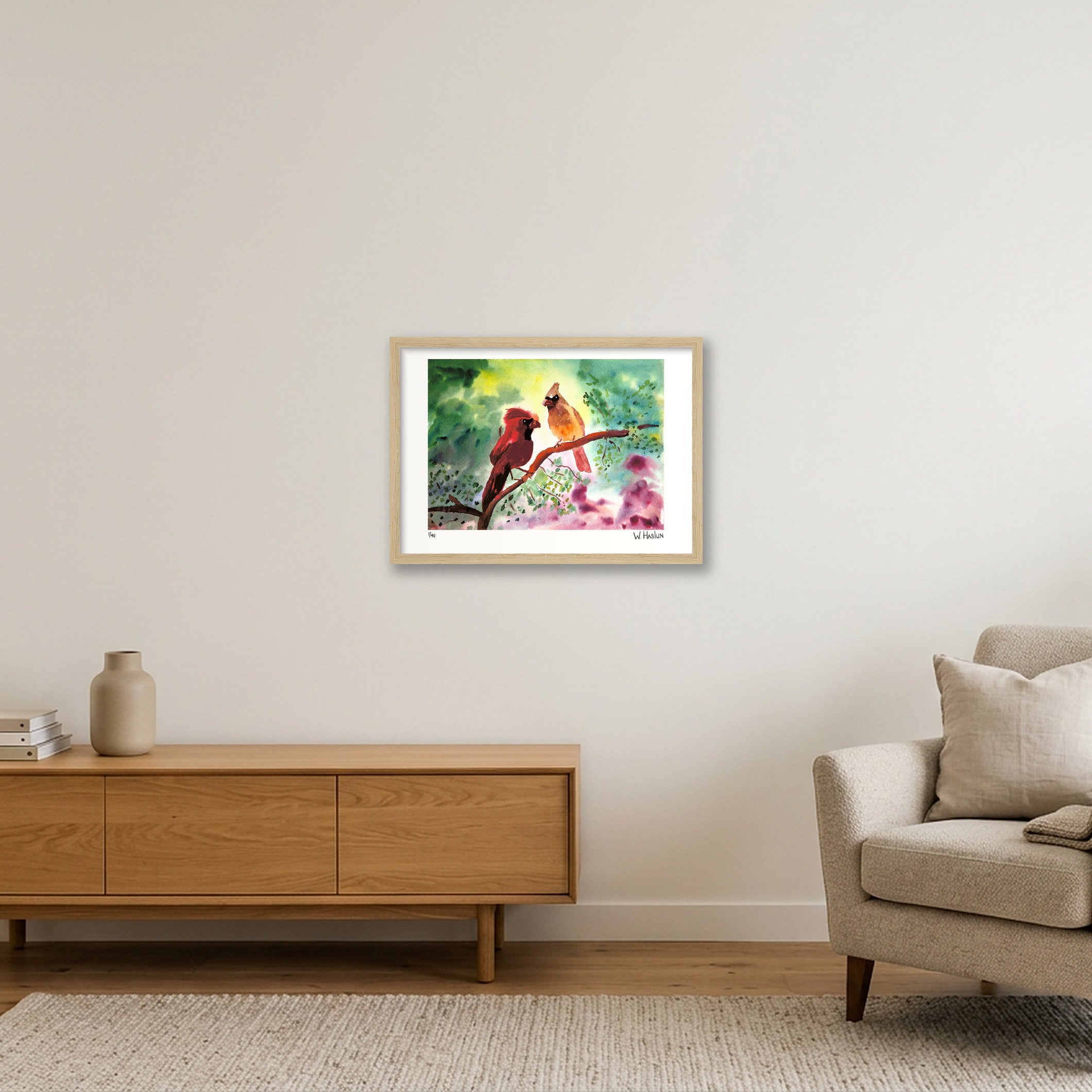 Cardinal Couple — A3 (42×30cm, 17×12") Oak Frame