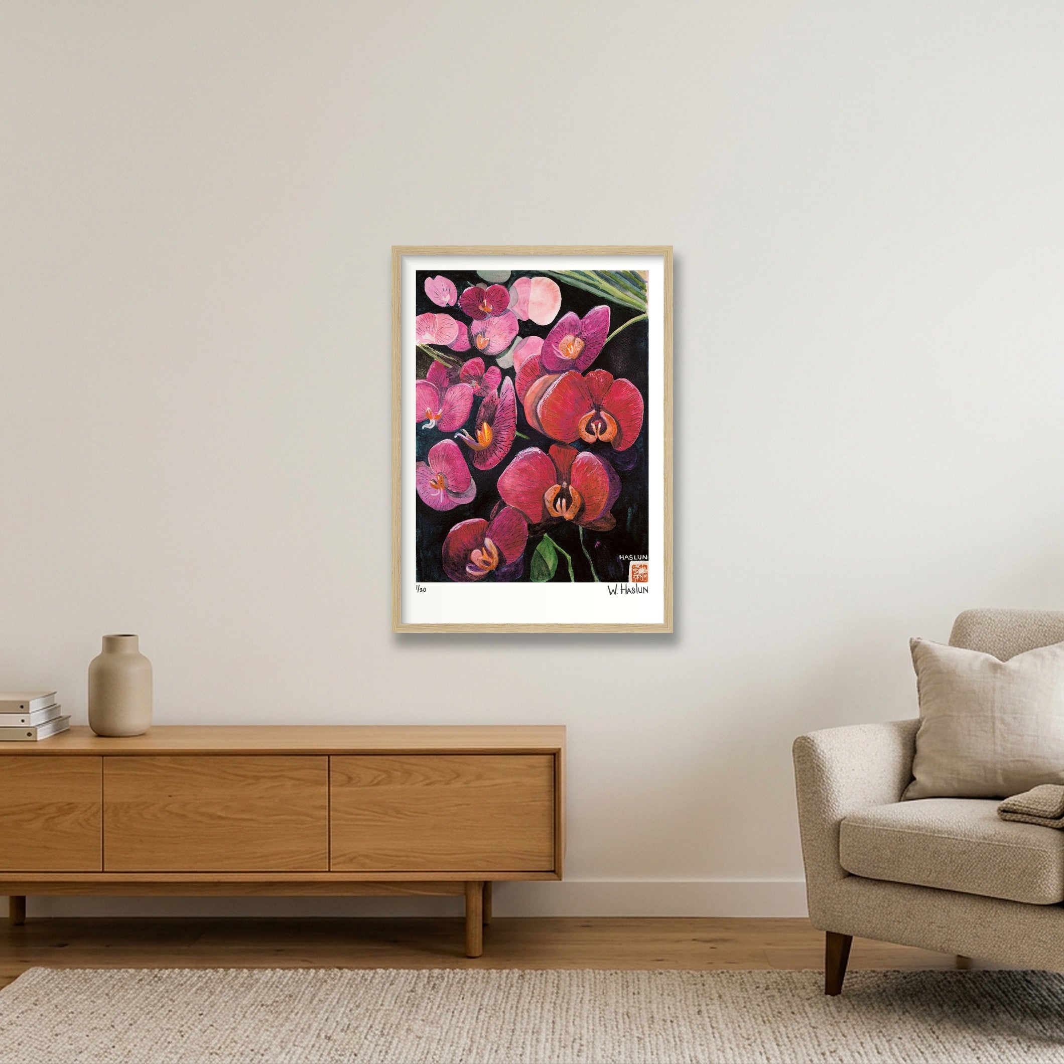 Pink Orchids — 42×59cm, 17×23" Oak Frame