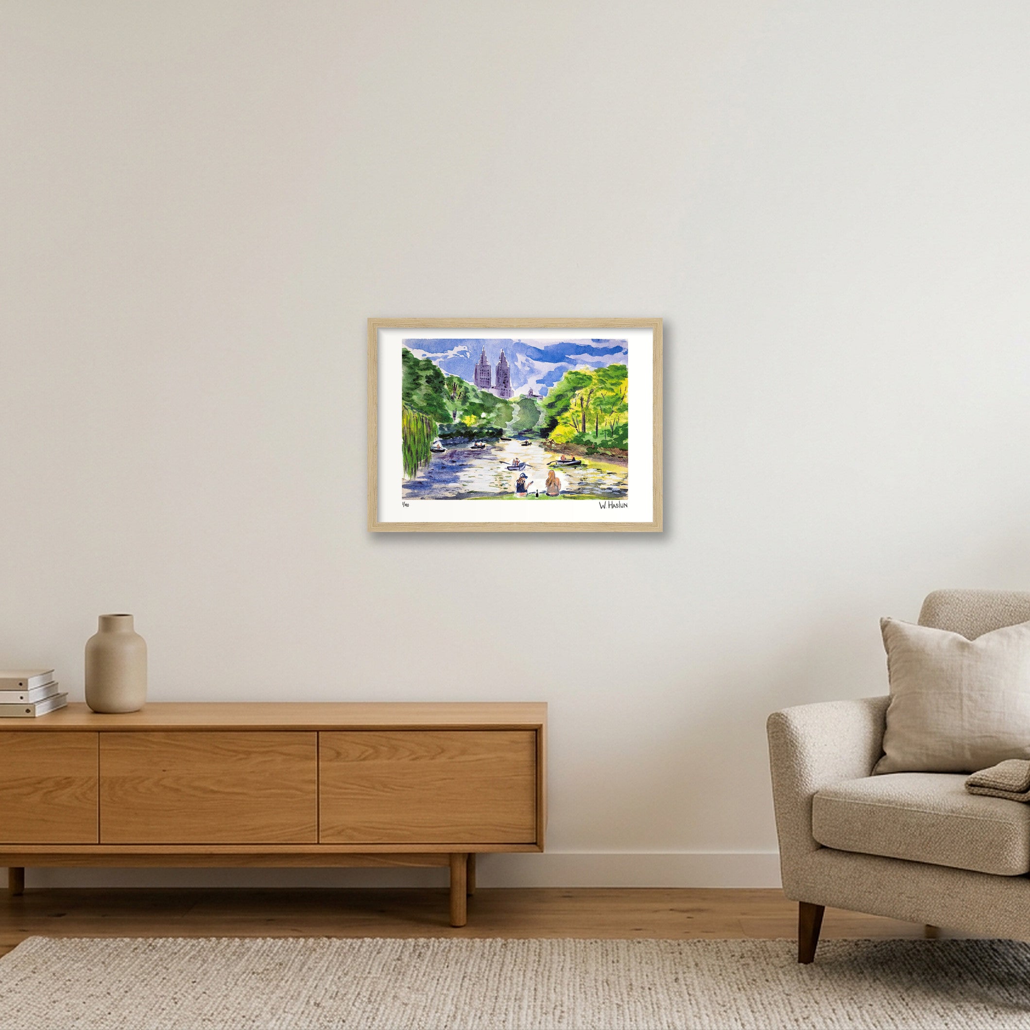 Central Park Boating — A3 (42×30cm, 17×12") Oak Frame