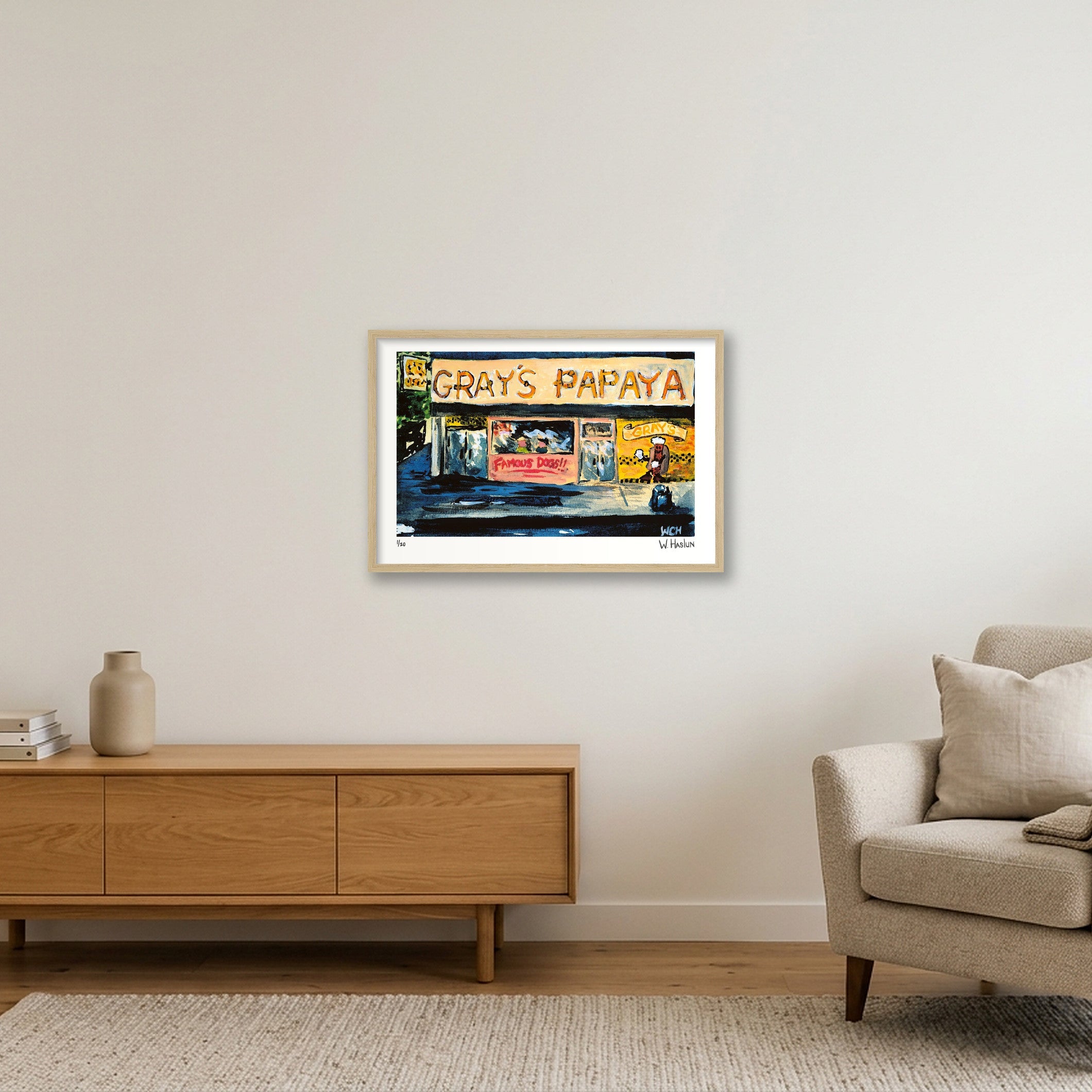 Gray's Papaya Famous Dogs — 60×40cm, 24×16" Oak Frame