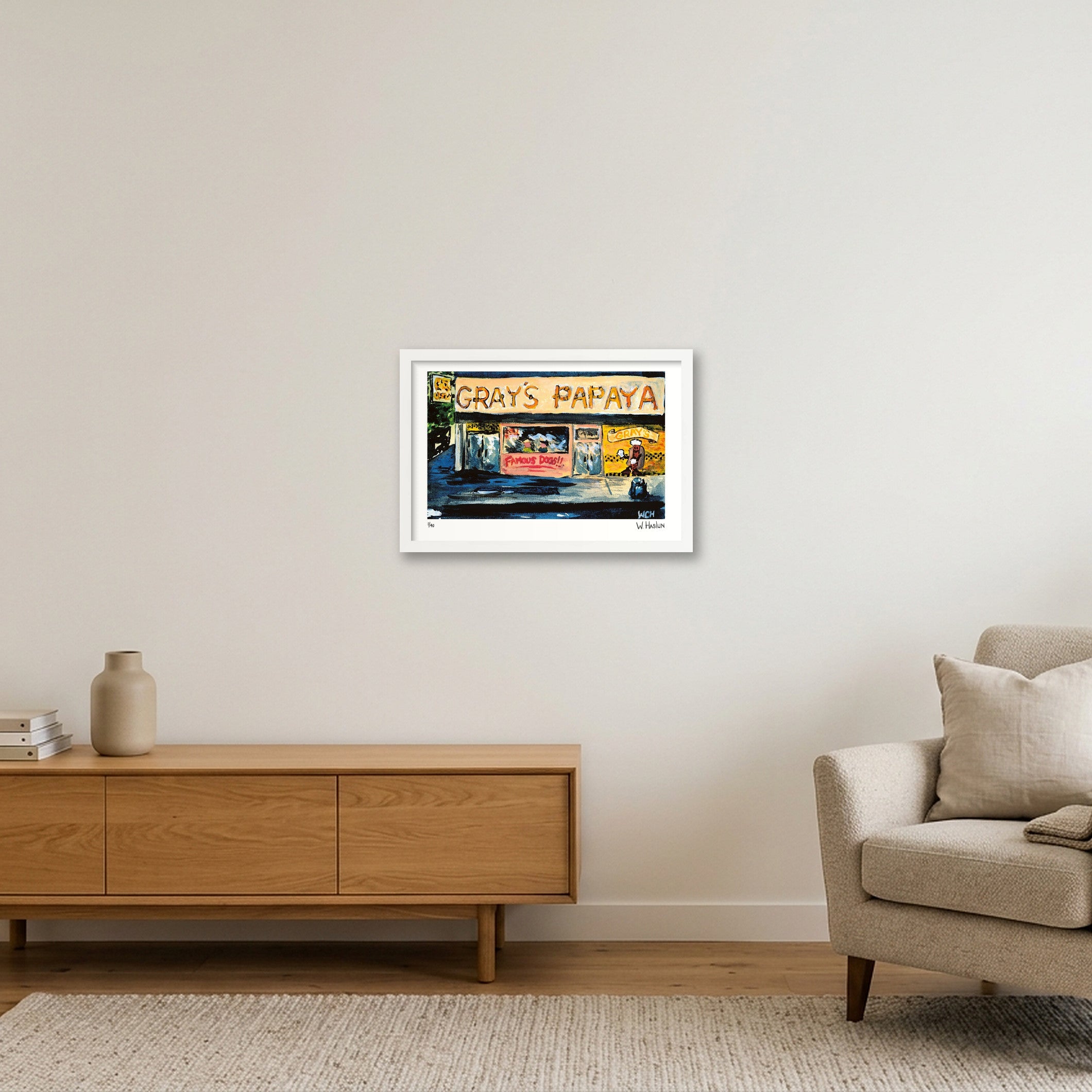 Gray's Papaya Famous Dogs — 45×30cm, 18×12" White Frame