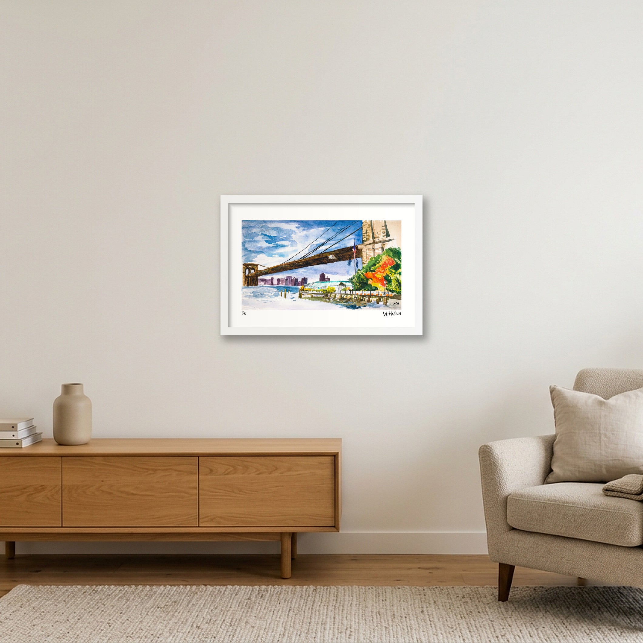 River Cafe Under Brooklyn Bridge — 45×30cm, 18×12" White Frame