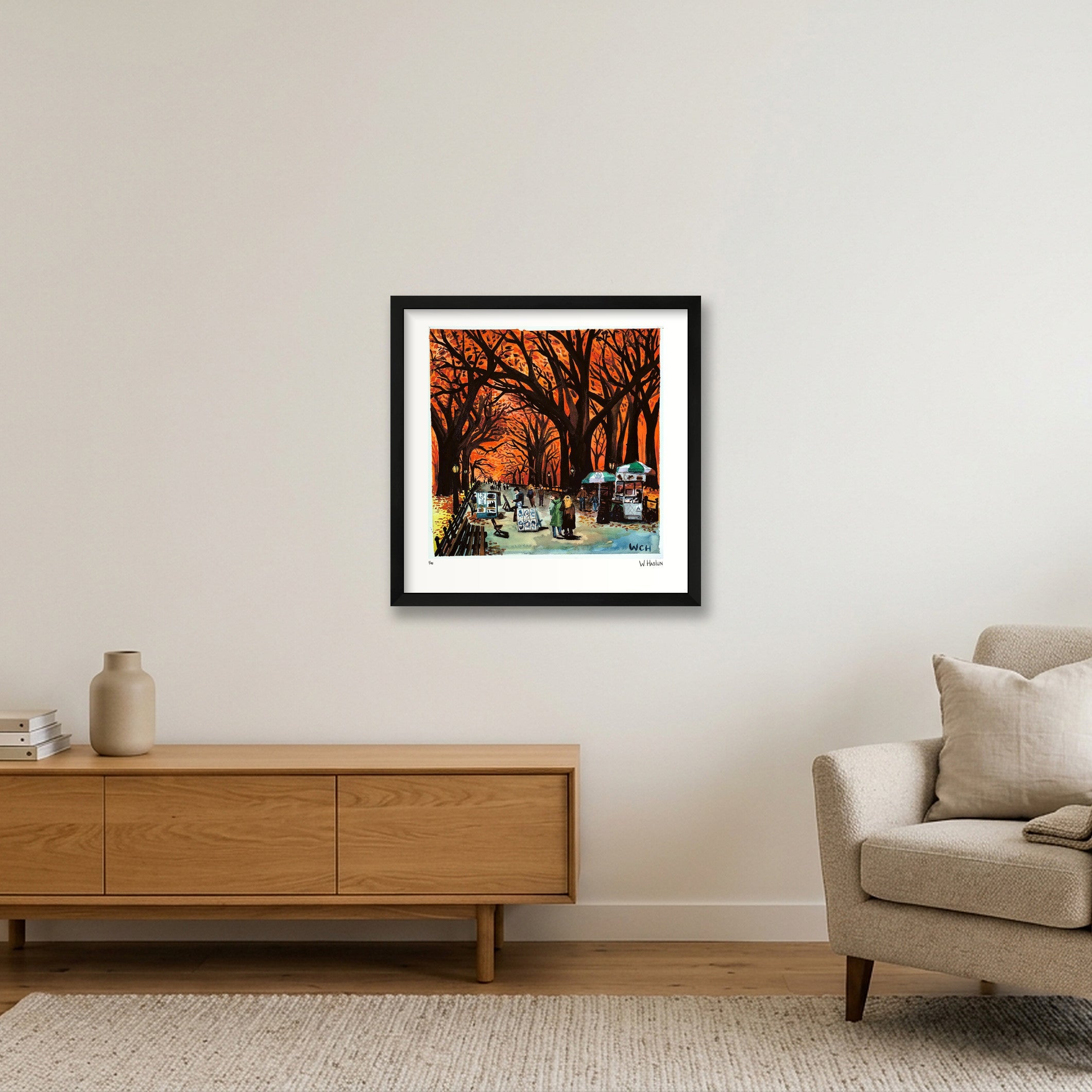 Orange Canopy Over Central Park — 40×40cm, 16×16" Black Frame