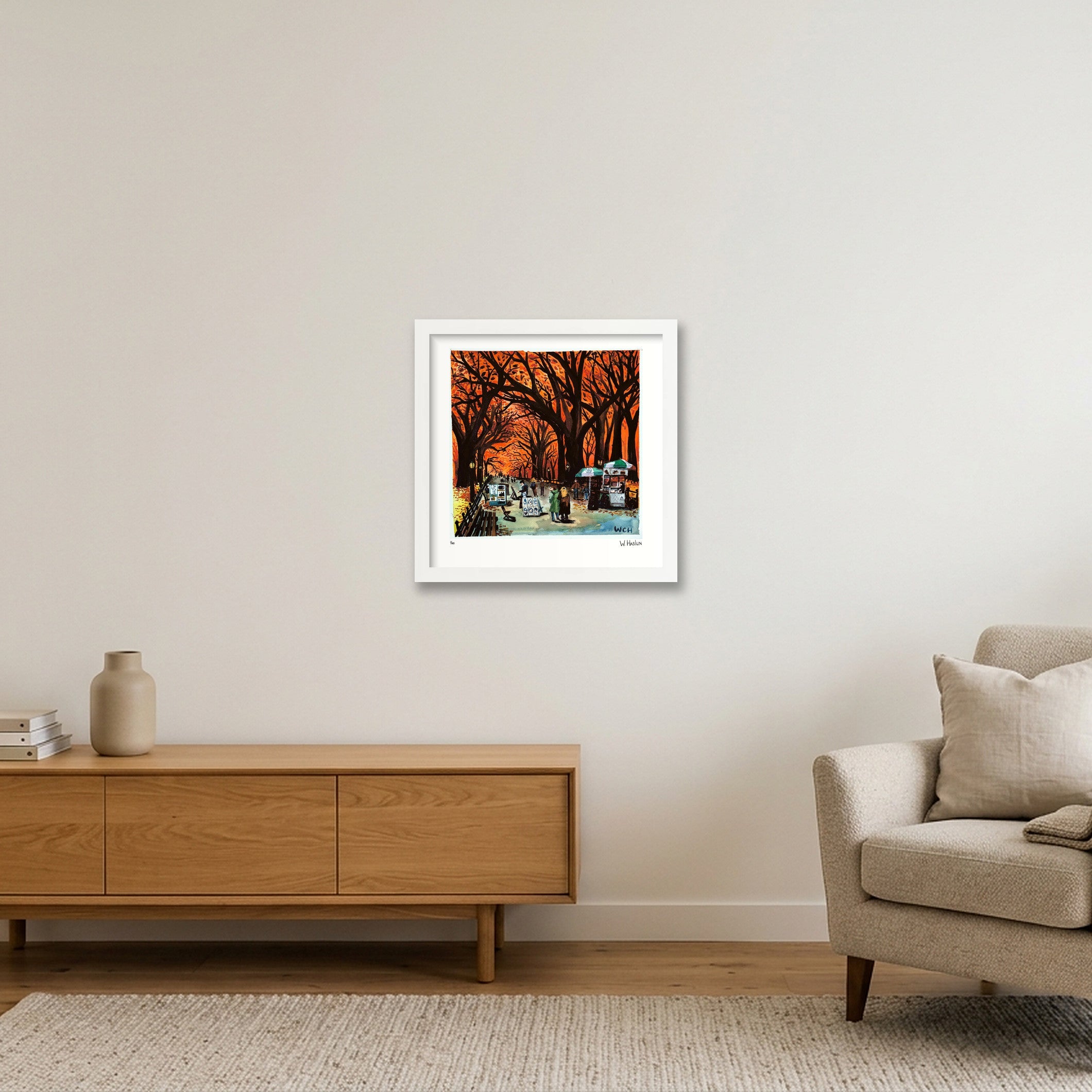 Orange Canopy Over Central Park — 30×30cm, 12×12" White Frame