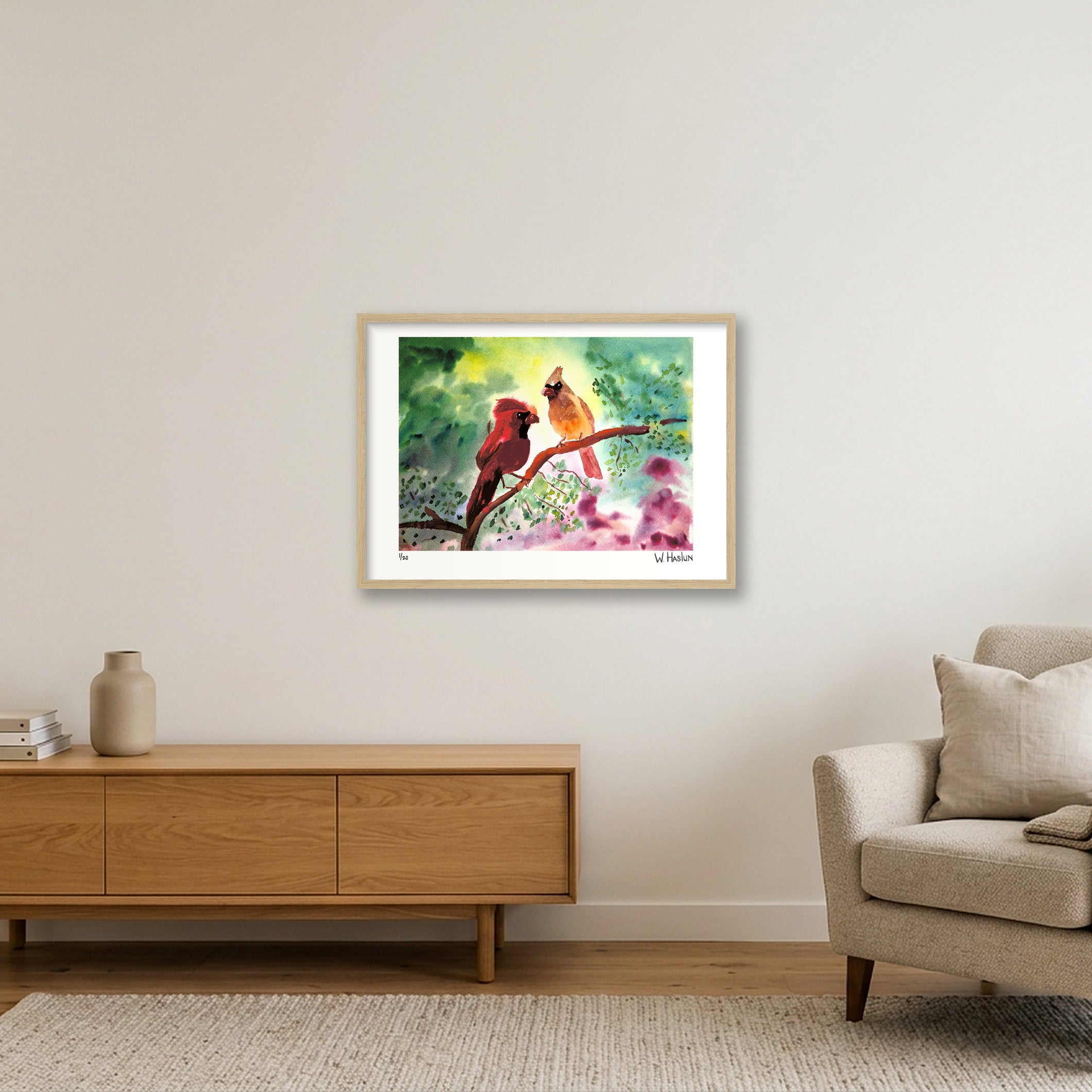 Cardinal Couple — 59×42cm, 23×17" Oak Frame