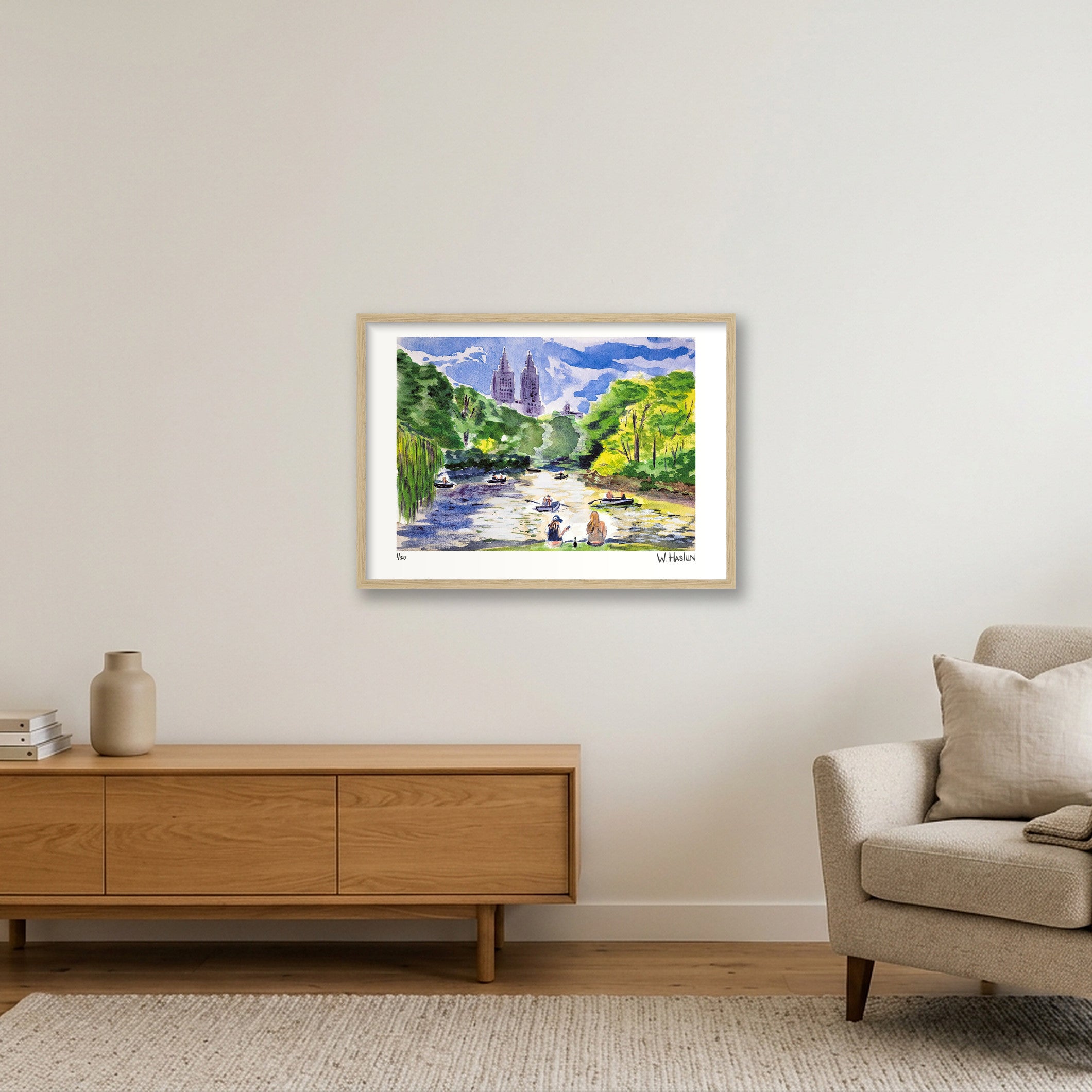 Central Park Boating — 59×42cm, 23×17" Oak Frame