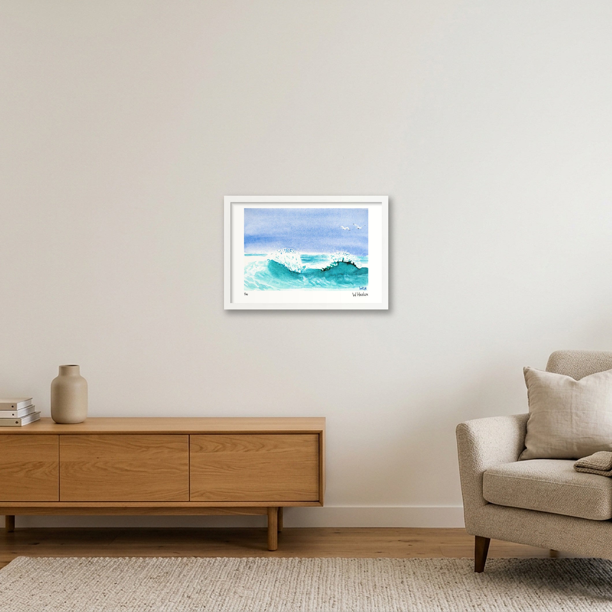 Gulls In The Spray — 45×30cm, 18×12" White Frame