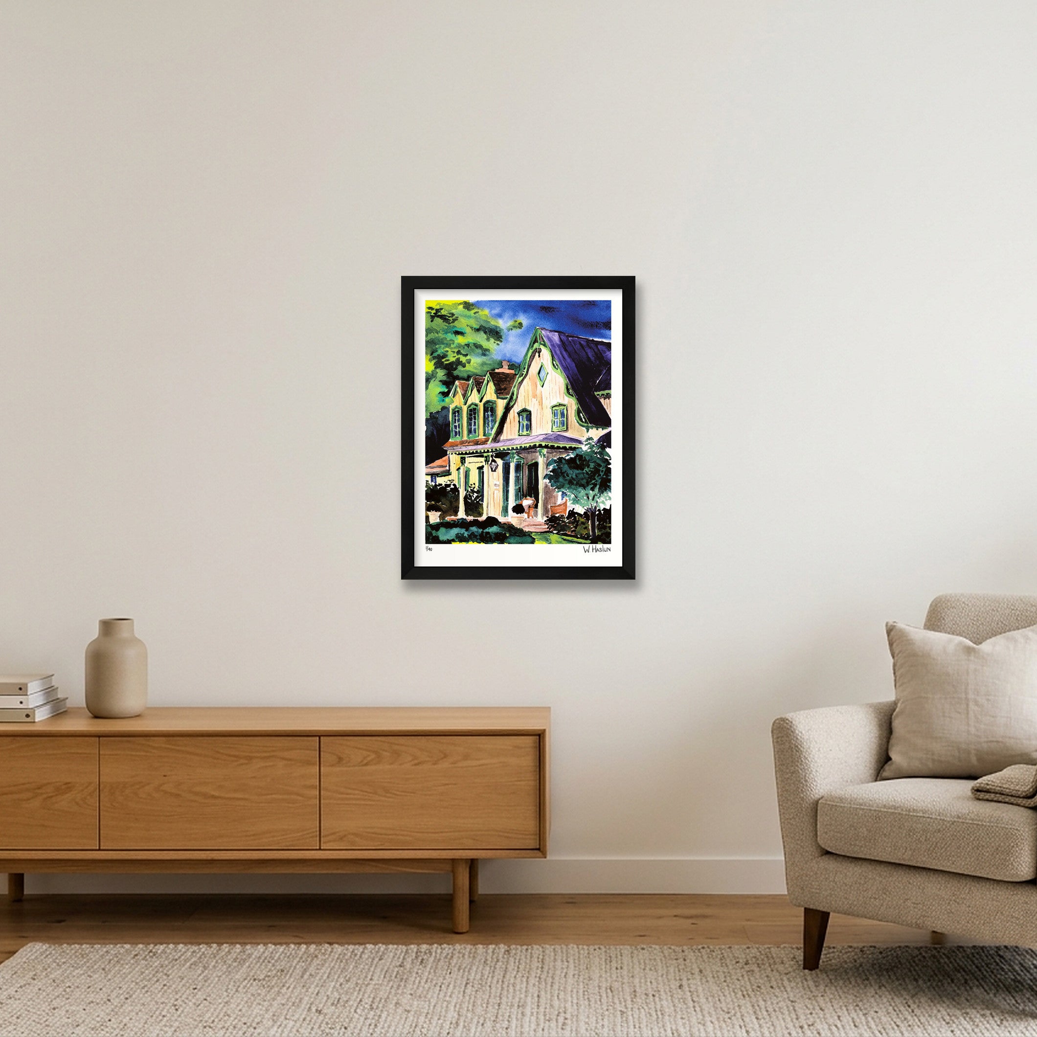 Green Eaves Purple Roof — 30×40cm, 12×16" Black Frame