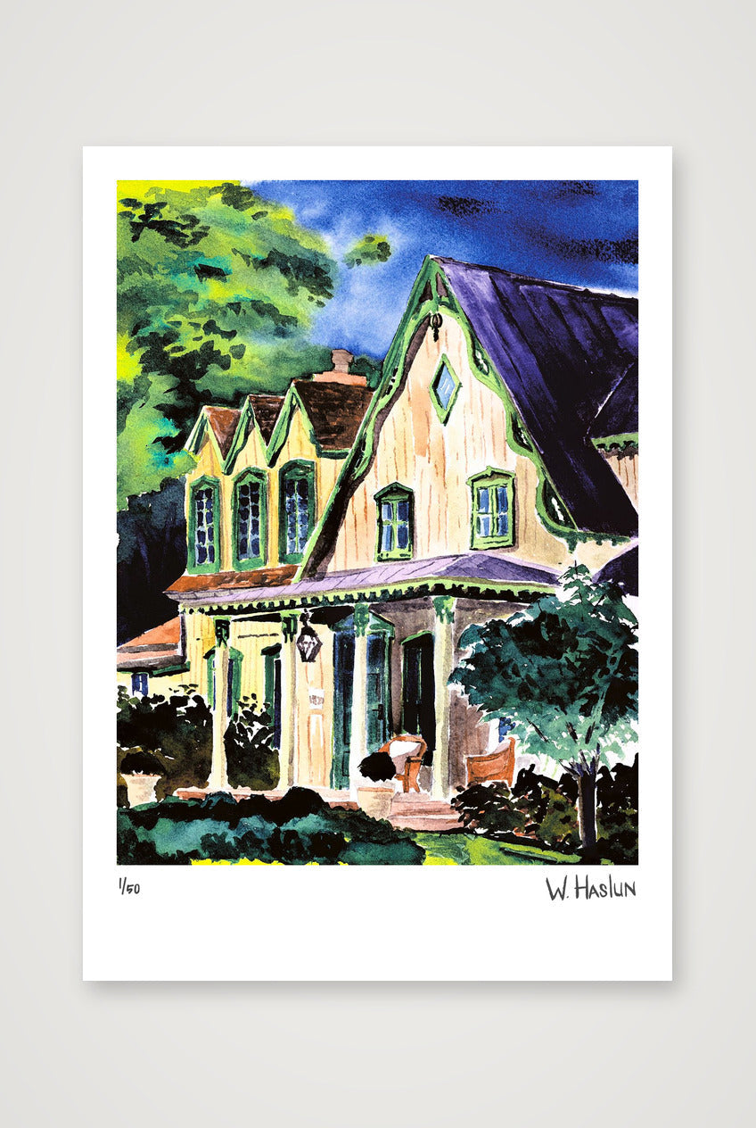 Green Eaves Purple Roof — A4 (21×30cm, 8×12") Print only