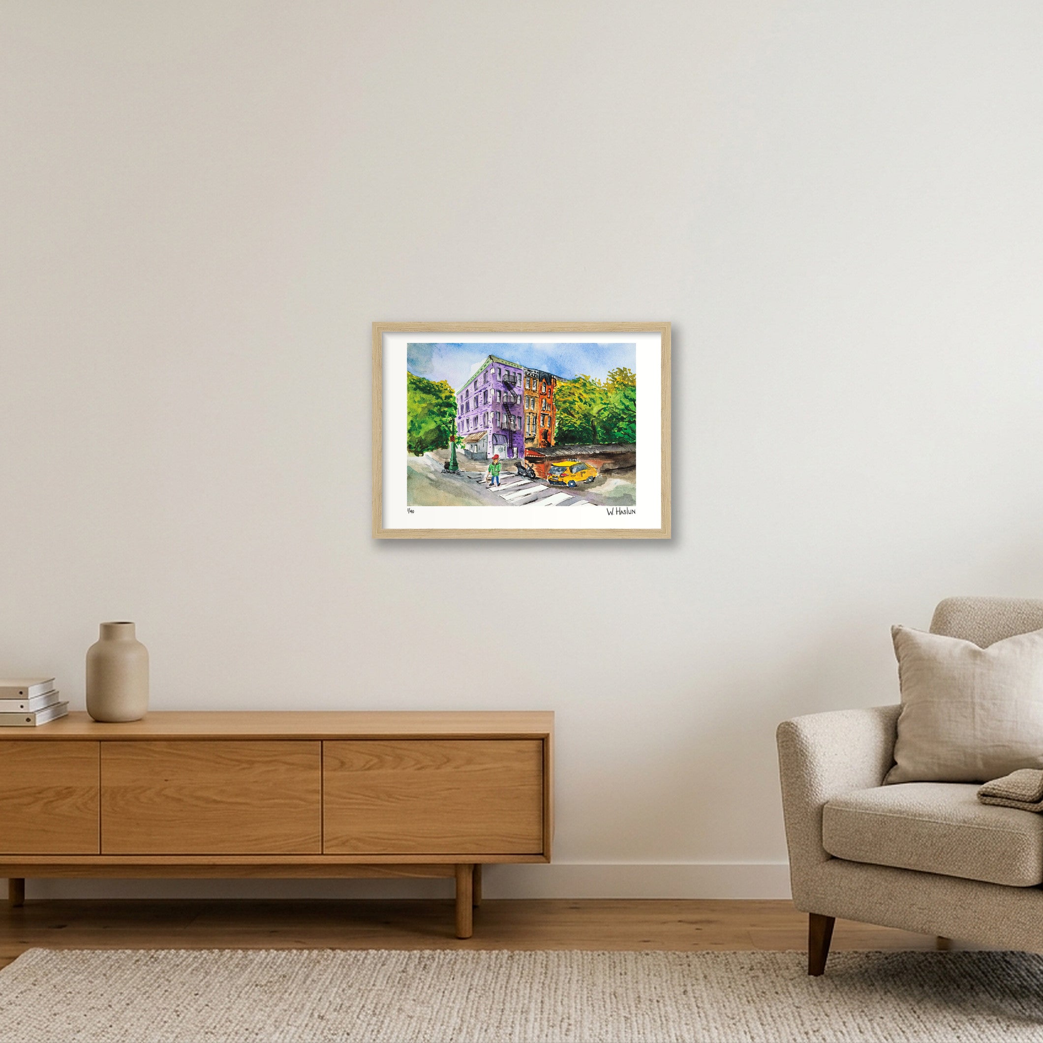 Purple Building on W73rd — A3 (42×30cm, 17×12") Oak Frame
