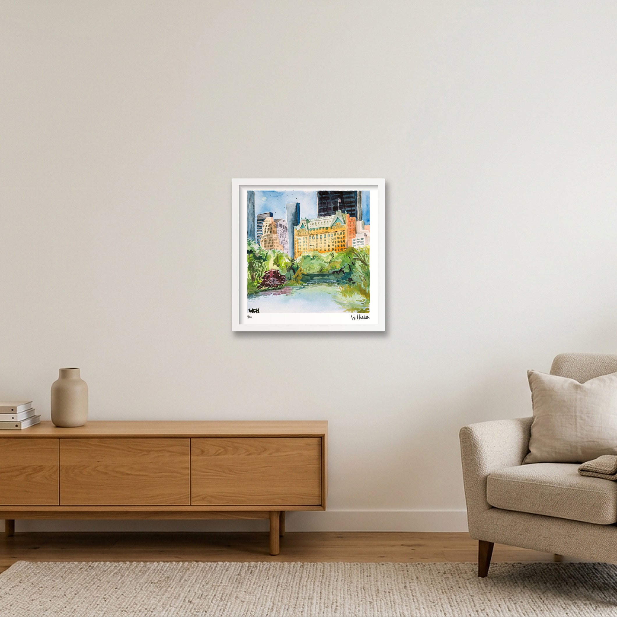 The Plaza & The Pond — 40×40cm, 16×16" White Frame