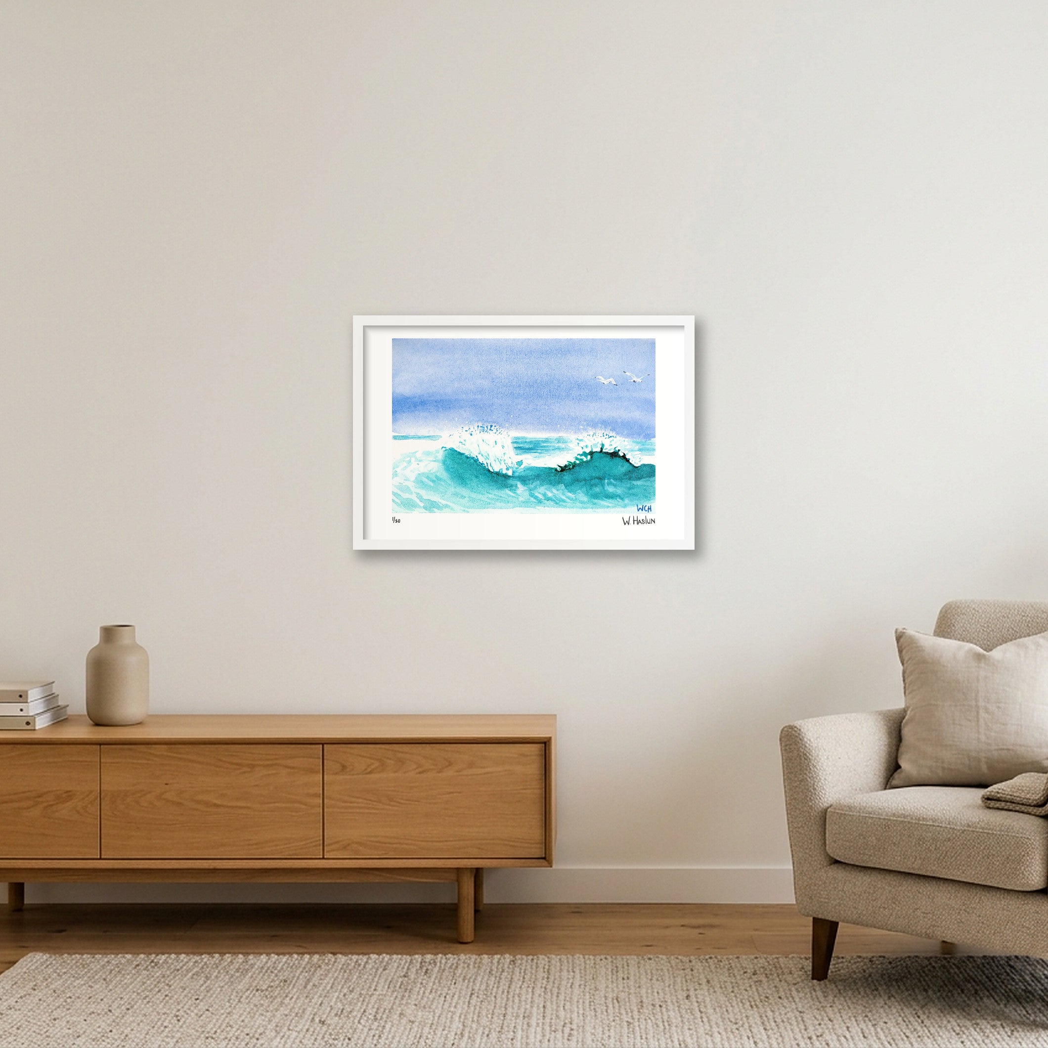 Gulls In The Spray — 60×40cm, 24×16" White Frame