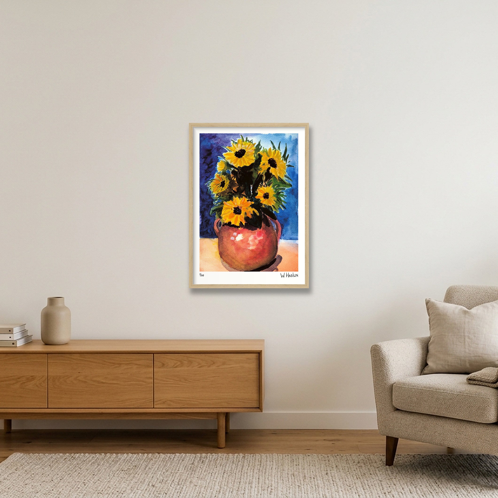 Sun Flower Vase — 42×59cm, 17×23" Oak Frame