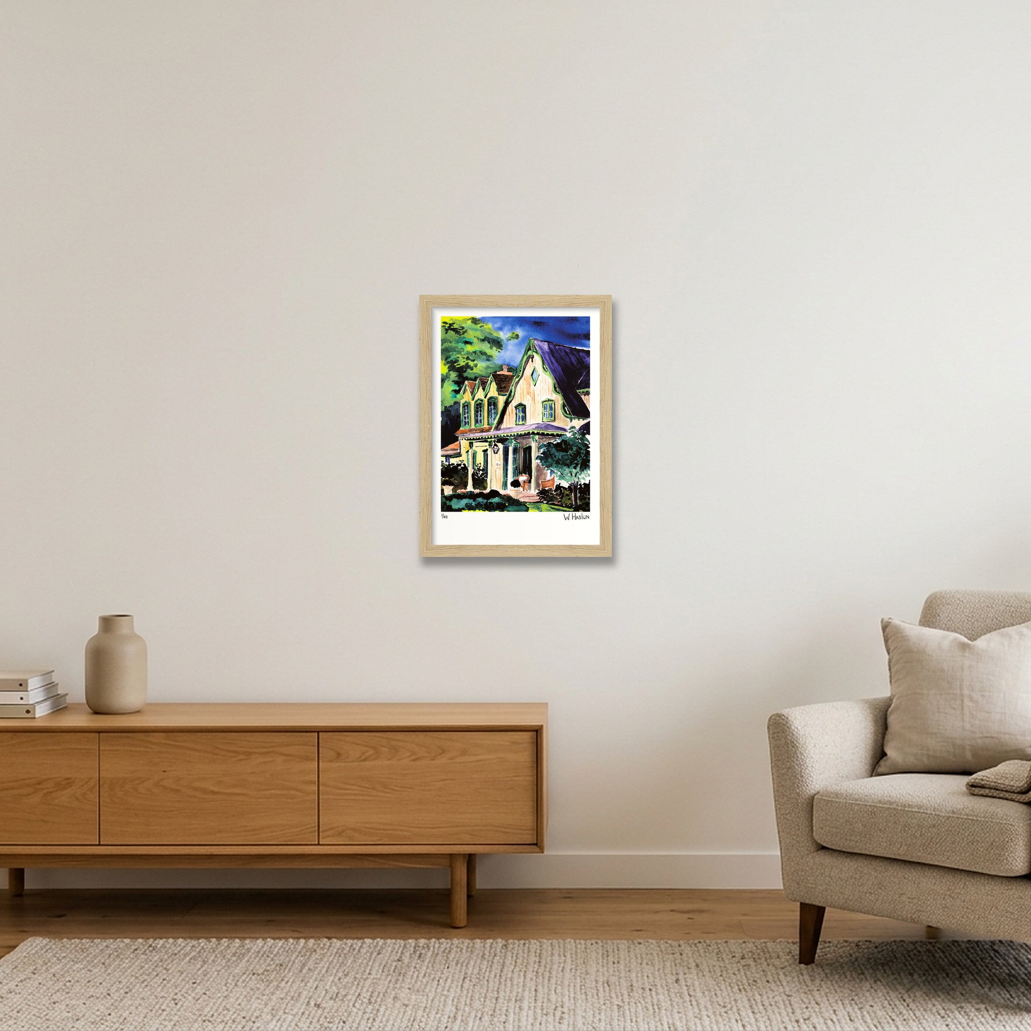 Green Eaves Purple Roof — A4 (21×30cm, 8×12") Oak Frame