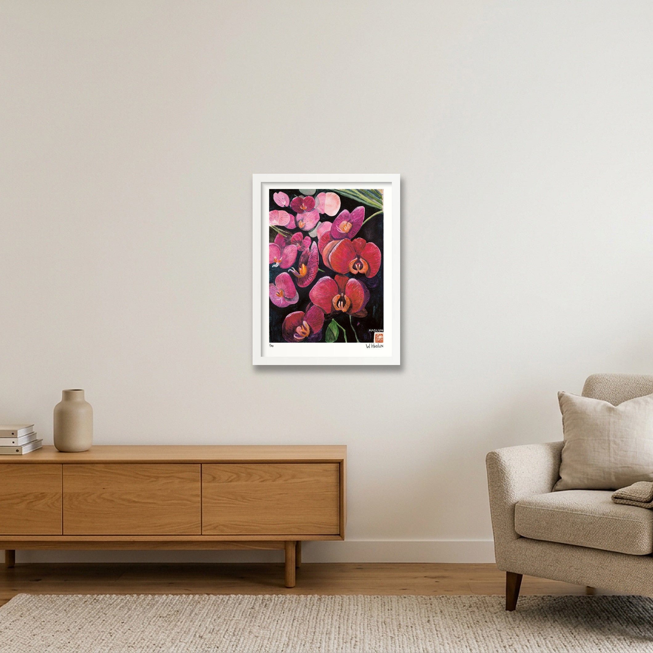 Pink Orchids — 30×40cm, 12×16" White Frame