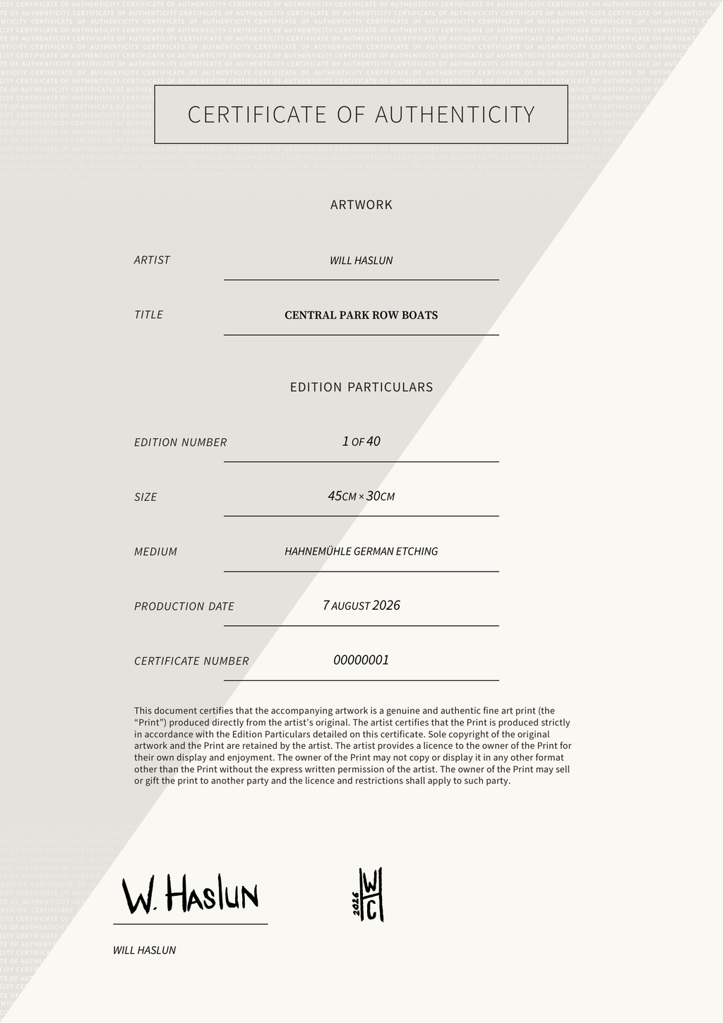 Central Park Row Boats — Certificate of Authenticity